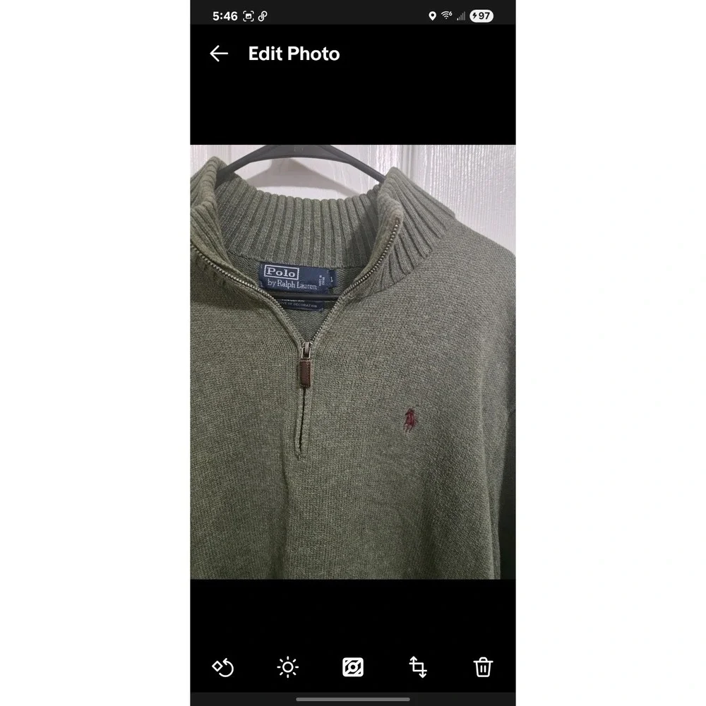 Men's Polo Ralph Lauren Sweater Quarter‎ Zip olive Green.100%Cotton. Leather LG